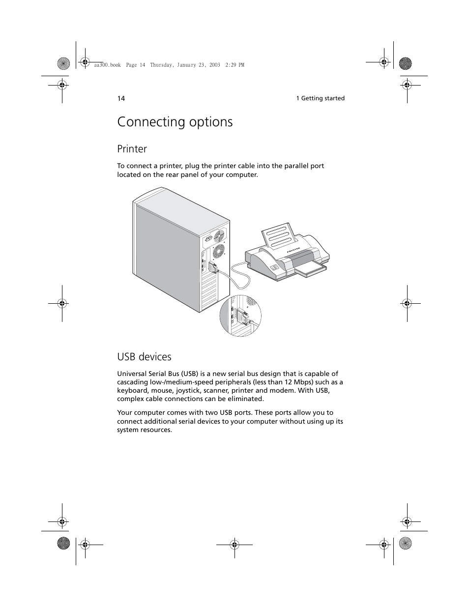 Connecting options, Printer, Usb devices | Acer Altos G301 User Manual | Page 26 / 160