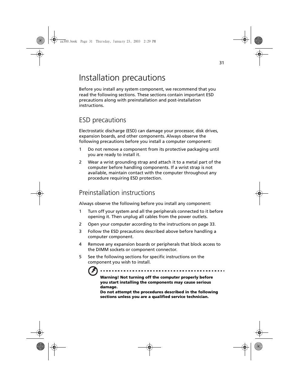 Installation precautions, Esd precautions, Preinstallation instructions | Acer Altos G301 User Manual | Page 43 / 160