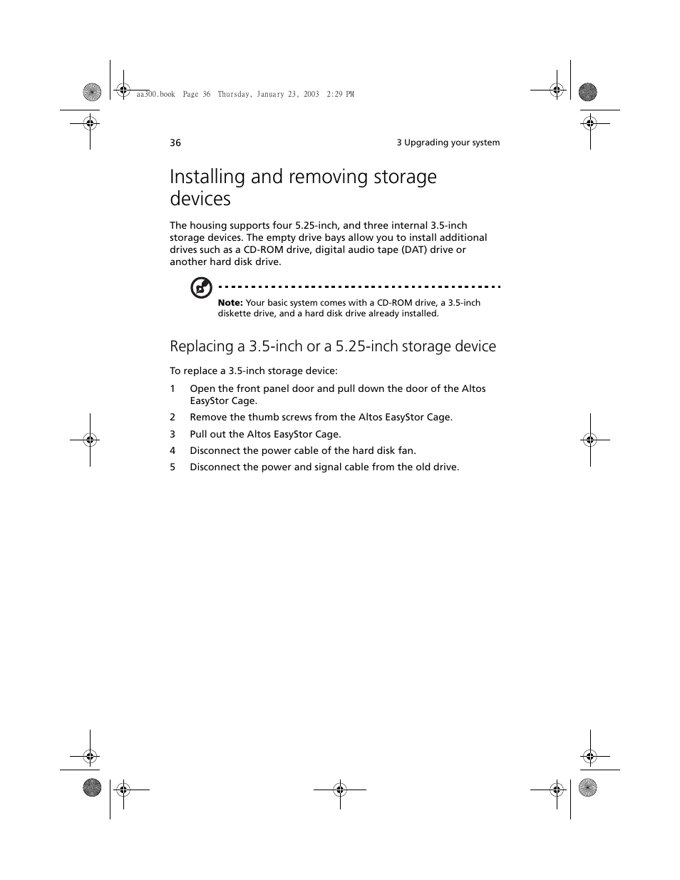 Installing and removing storage devices, Replacing a 3.5-inch or a 5.25-inch storage device | Acer Altos G301 User Manual | Page 48 / 160