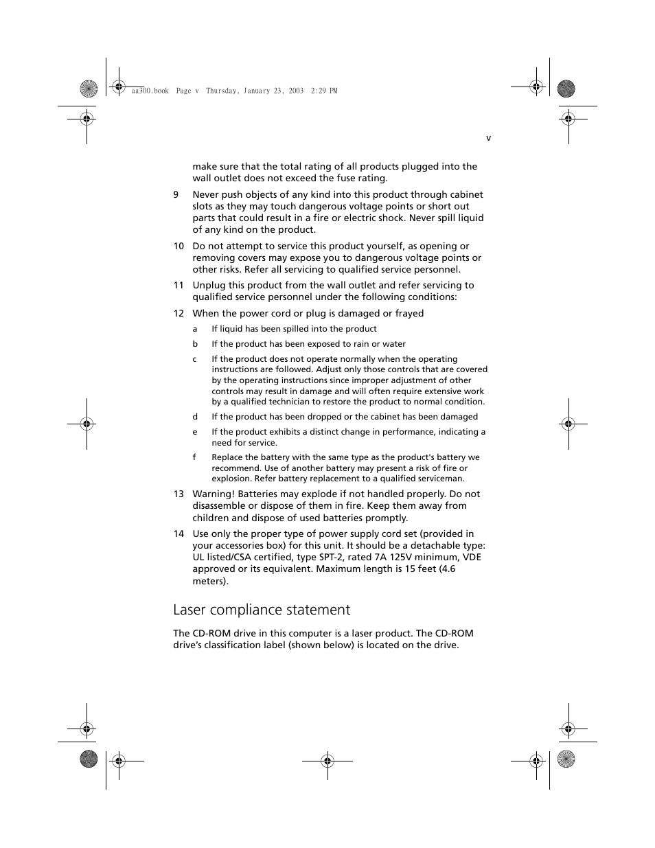 Laser compliance statement | Acer Altos G301 User Manual | Page 5 / 160