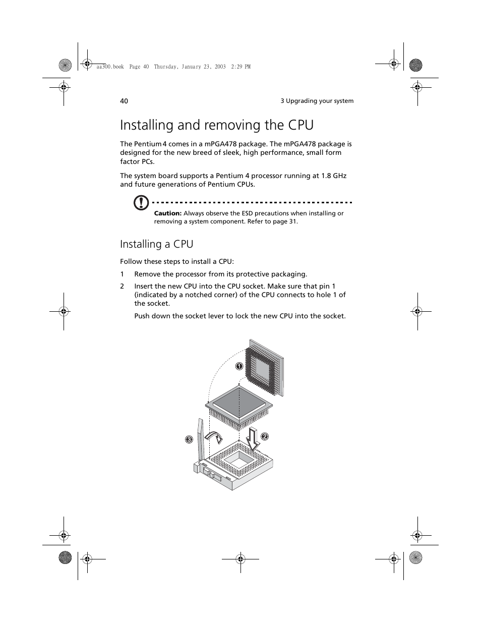 Installing and removing the cpu, Installing a cpu | Acer Altos G301 User Manual | Page 52 / 160