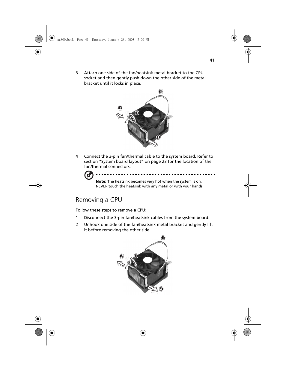 Removing a cpu | Acer Altos G301 User Manual | Page 53 / 160