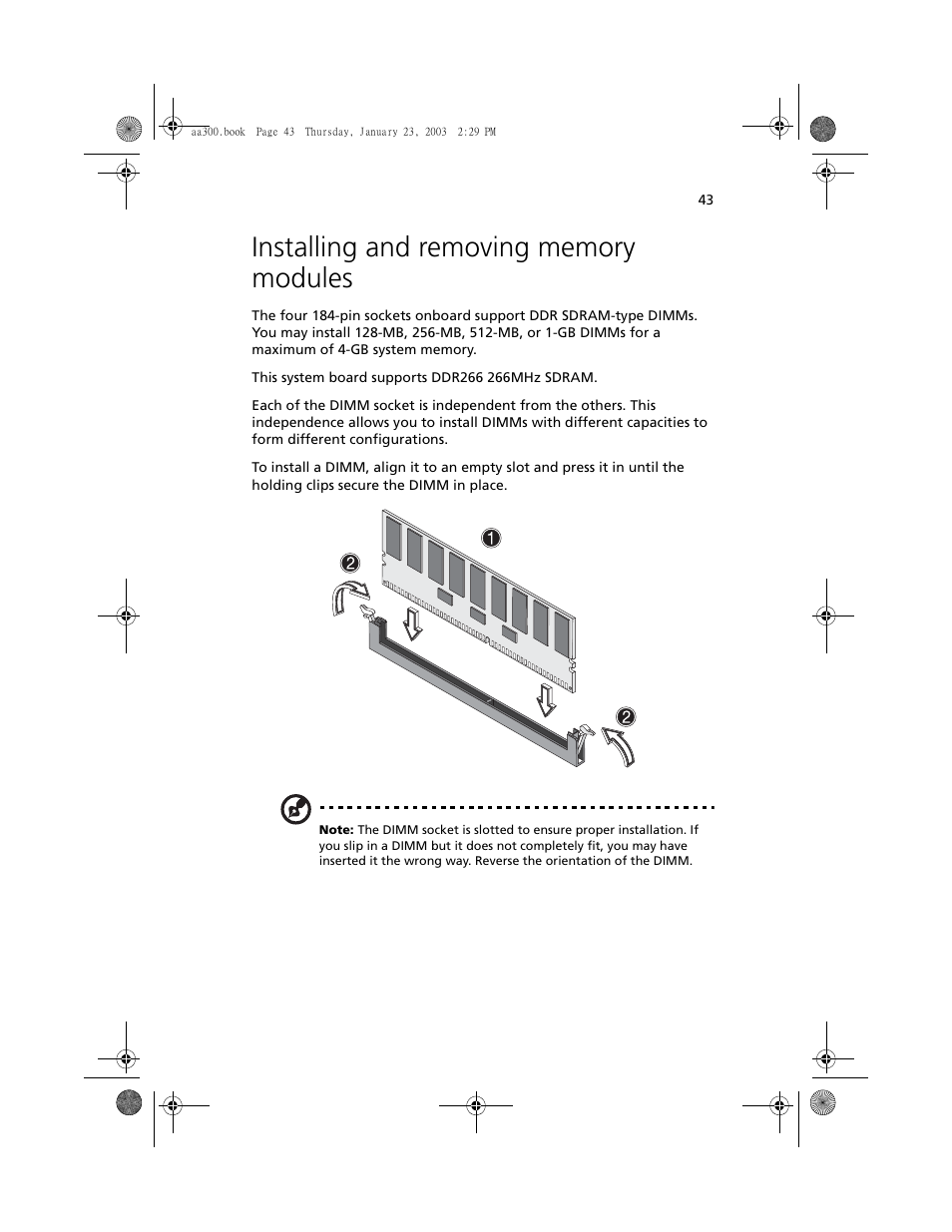 Installing and removing memory modules | Acer Altos G301 User Manual | Page 55 / 160