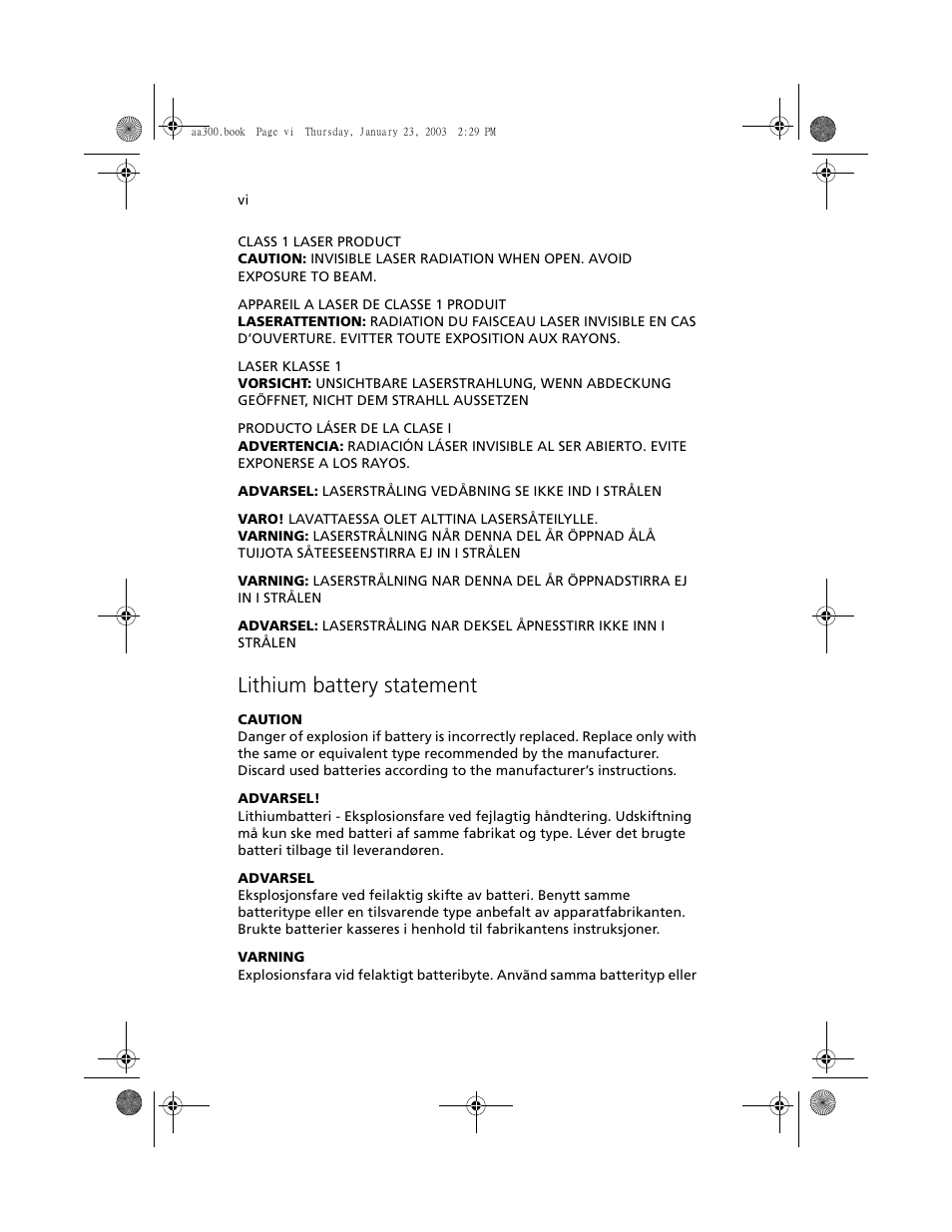 Lithium battery statement | Acer Altos G301 User Manual | Page 6 / 160