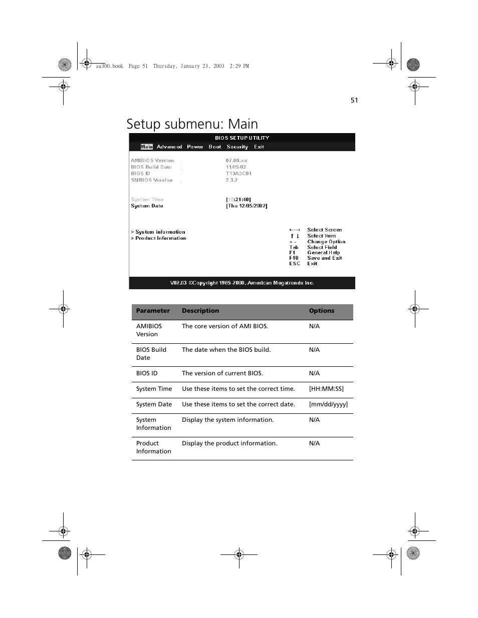 Setup submenu: main | Acer Altos G301 User Manual | Page 63 / 160