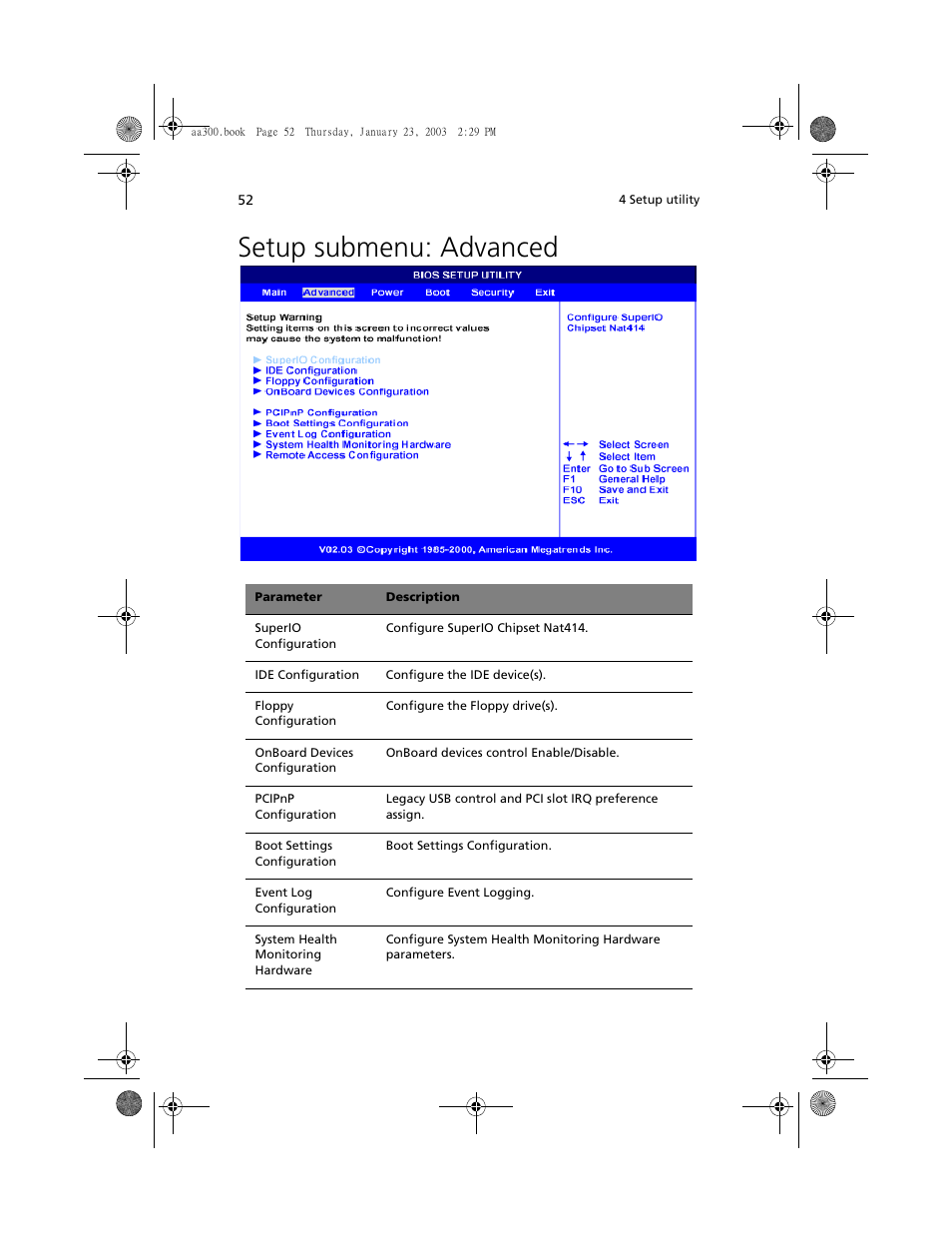 Setup submenu: advanced | Acer Altos G301 User Manual | Page 64 / 160