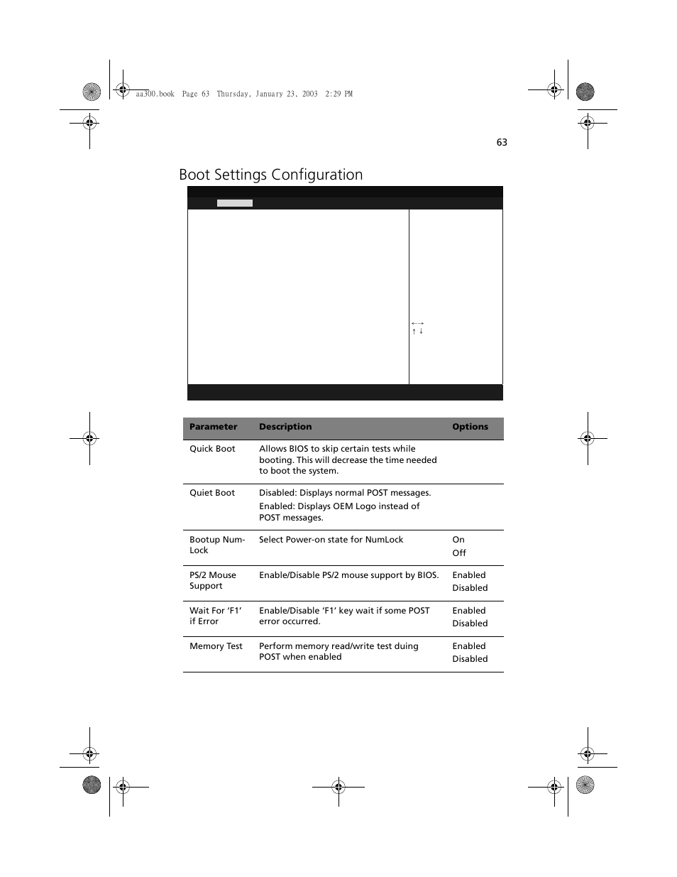 Boot settings configuration | Acer Altos G301 User Manual | Page 75 / 160