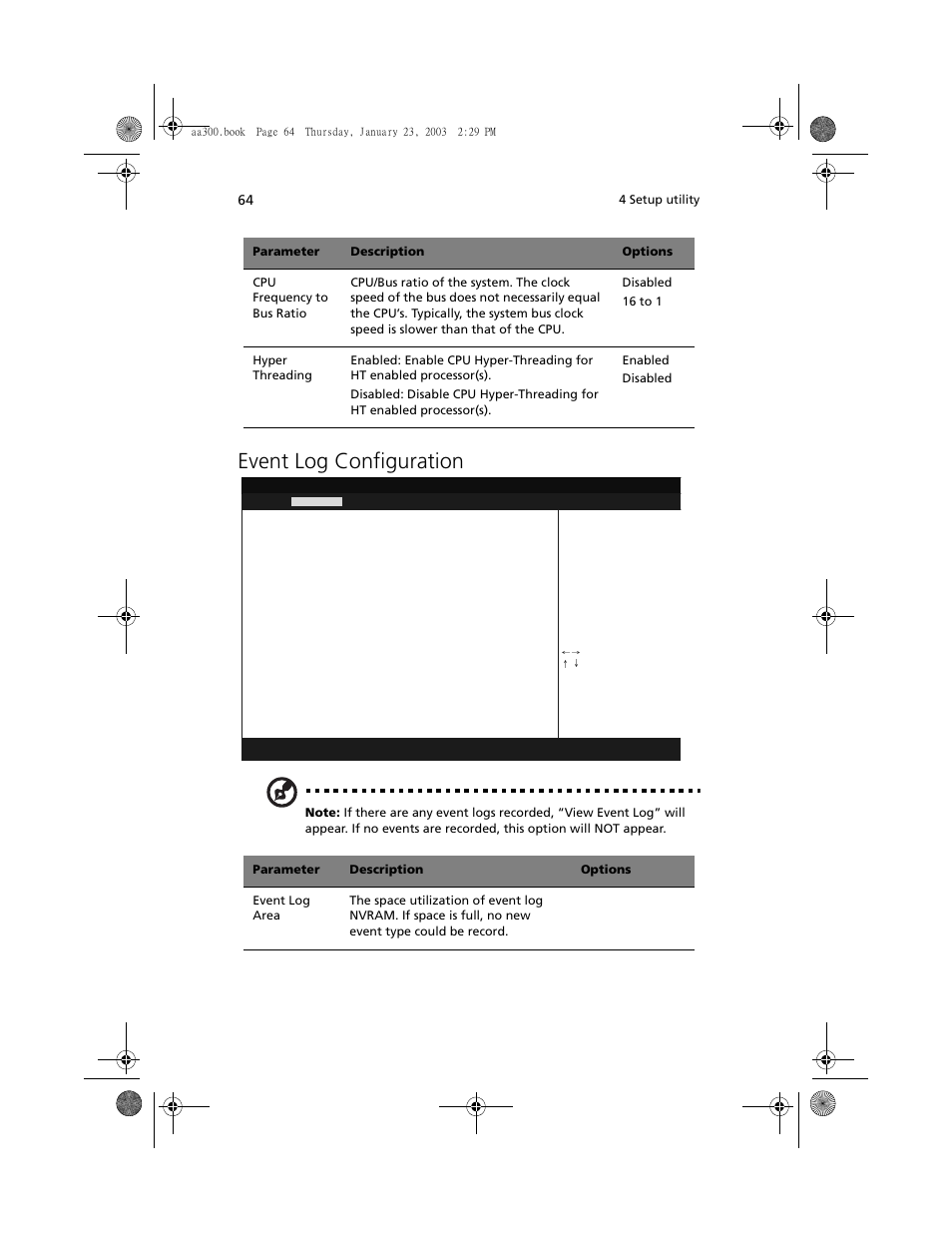 Event log configuration | Acer Altos G301 User Manual | Page 76 / 160