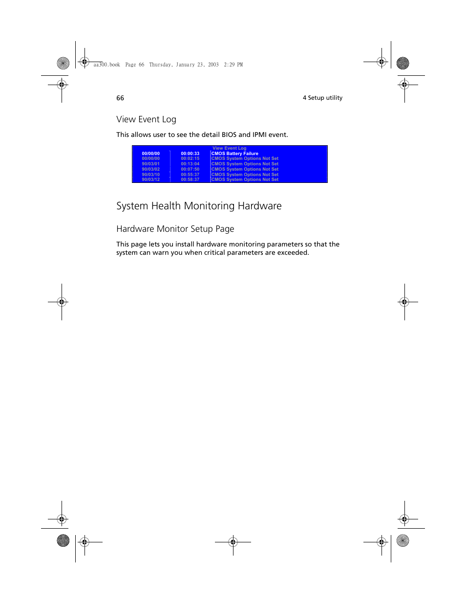 System health monitoring hardware, View event log, Hardware monitor setup page | Acer Altos G301 User Manual | Page 78 / 160