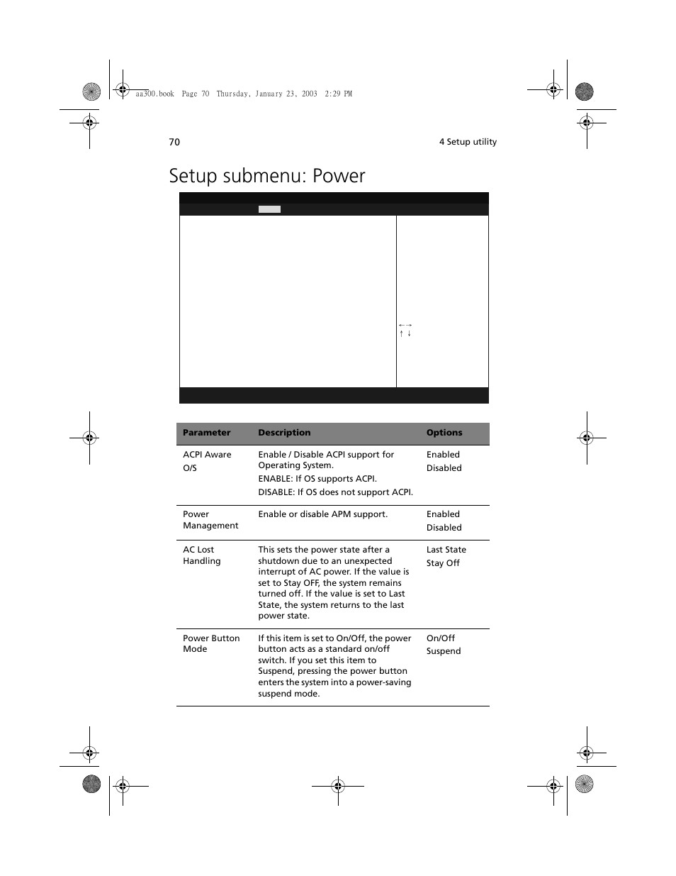 Setup submenu: power | Acer Altos G301 User Manual | Page 82 / 160