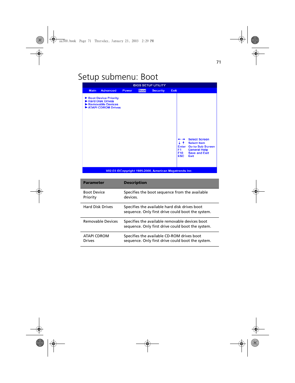 Setup submenu: boot | Acer Altos G301 User Manual | Page 83 / 160