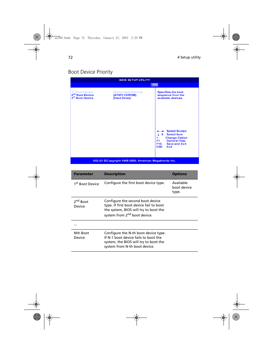 Boot device priority | Acer Altos G301 User Manual | Page 84 / 160
