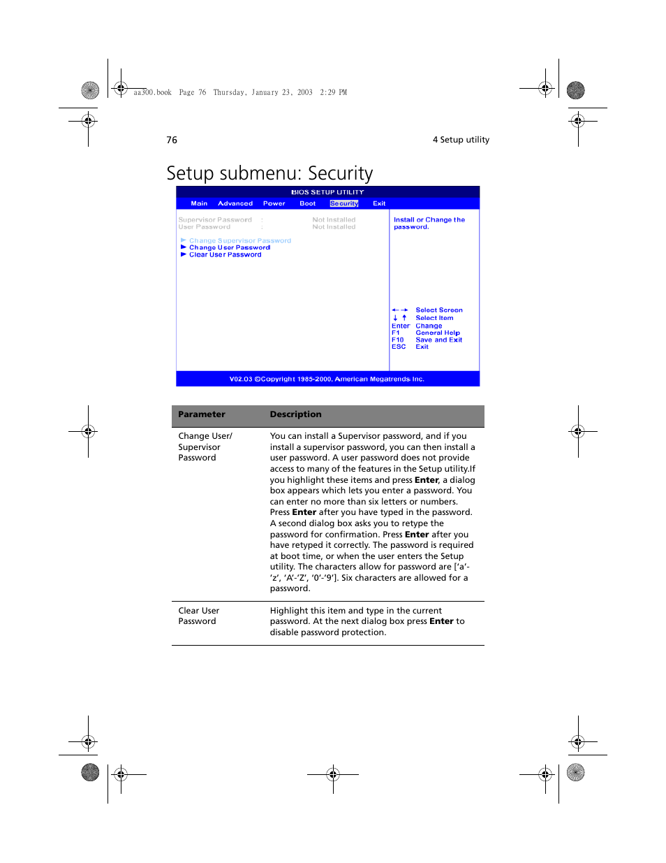 Setup submenu: security | Acer Altos G301 User Manual | Page 88 / 160