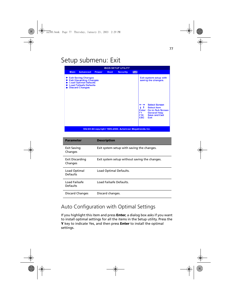 Setup submenu: exit, Auto configuration with optimal settings | Acer Altos G301 User Manual | Page 89 / 160