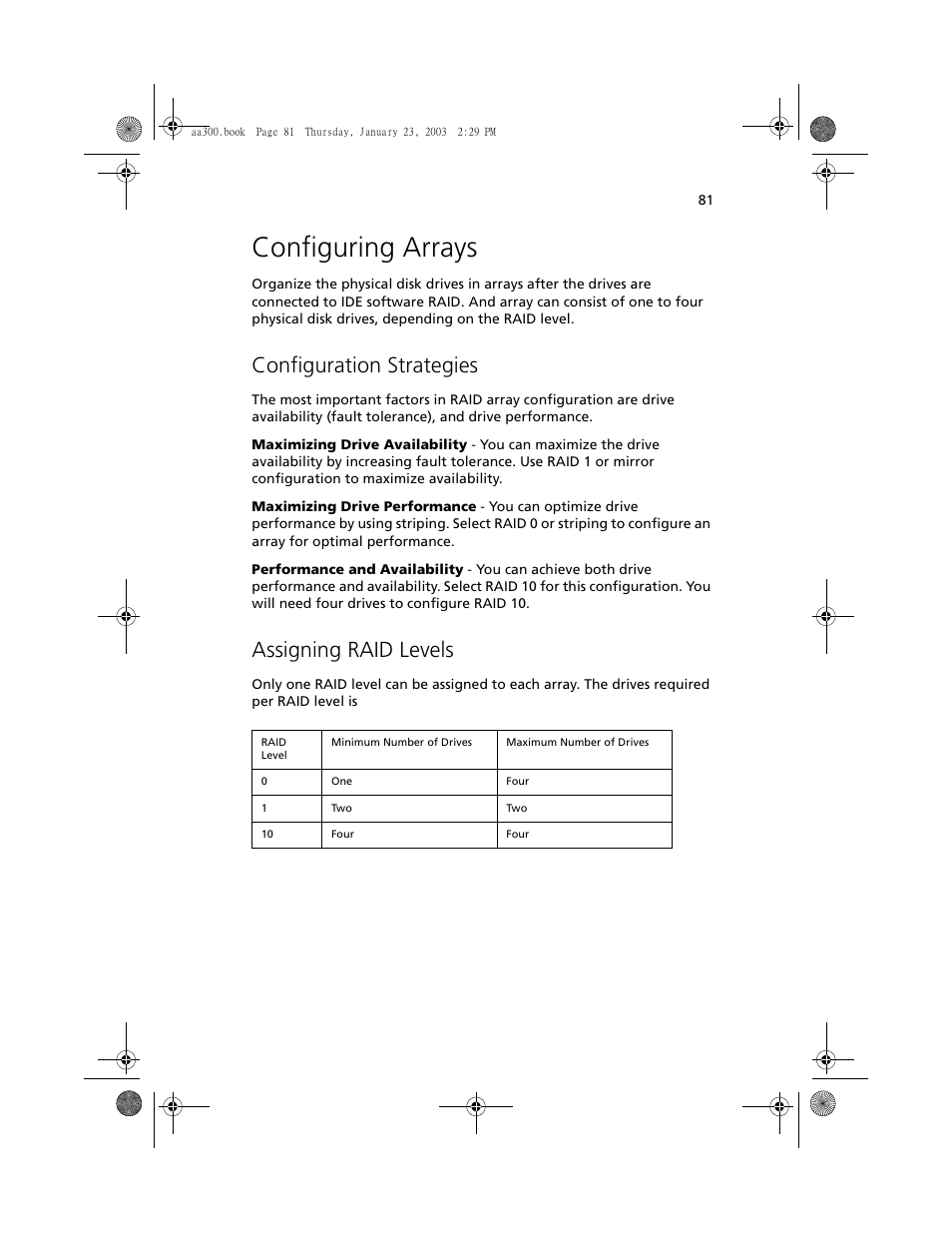 Configuring arrays, Configuration strategies, Assigning raid levels | Acer Altos G301 User Manual | Page 93 / 160