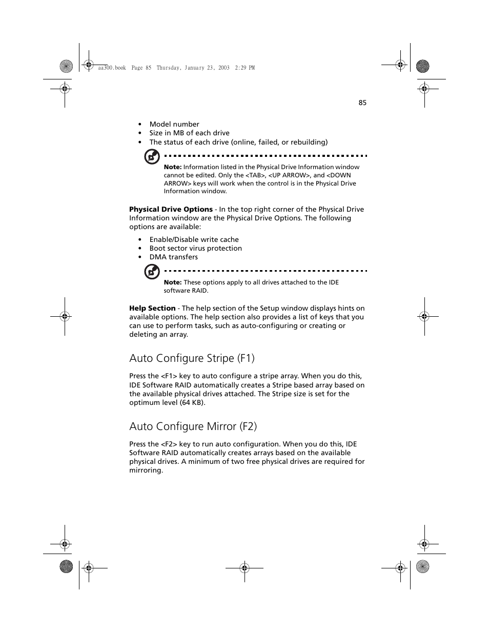 Auto configure stripe (f1), Auto configure mirror (f2) | Acer Altos G301 User Manual | Page 97 / 160