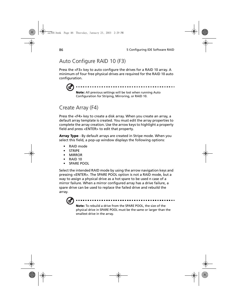 Auto configure raid 10 (f3), Create array (f4) | Acer Altos G301 User Manual | Page 98 / 160