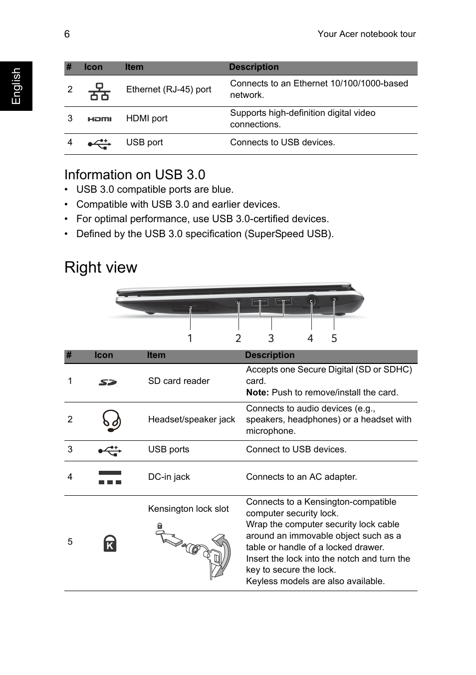 Information on usb 3.0, Right view | Acer Aspire V5-123 User Manual | Page 6 / 9