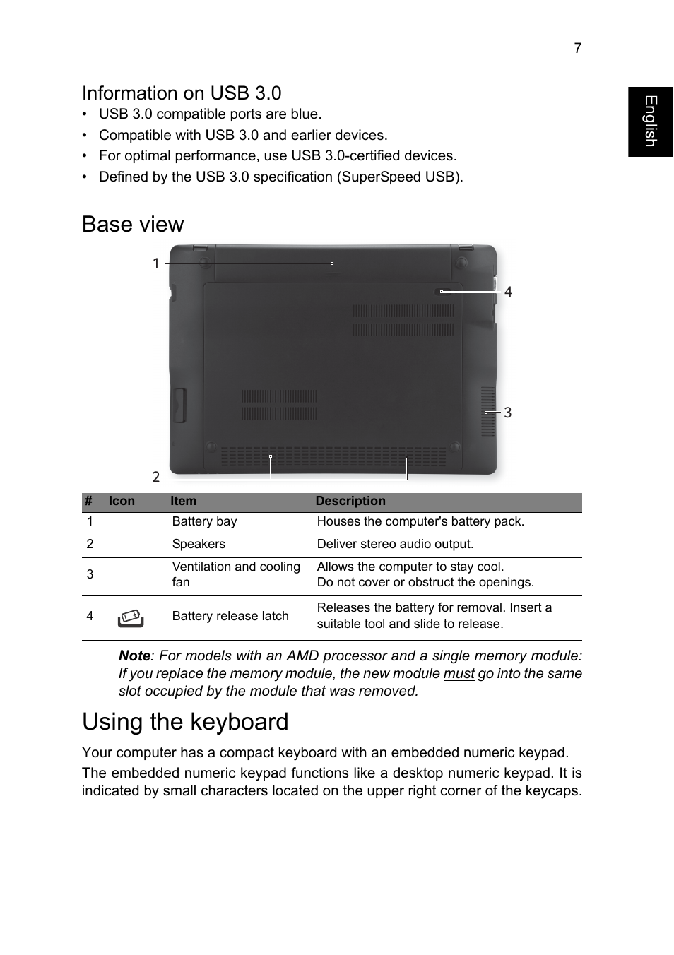 Information on usb 3.0, Base view, Using the keyboard | Acer Aspire V5-123 User Manual | Page 7 / 9