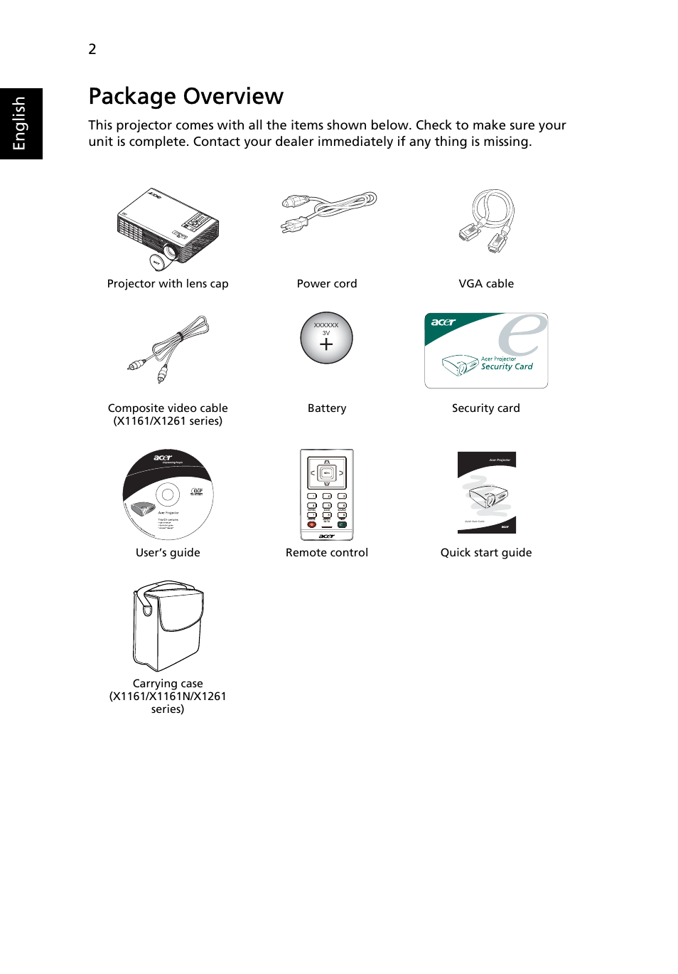 Package overview, English | Acer X1261 User Manual | Page 14 / 54