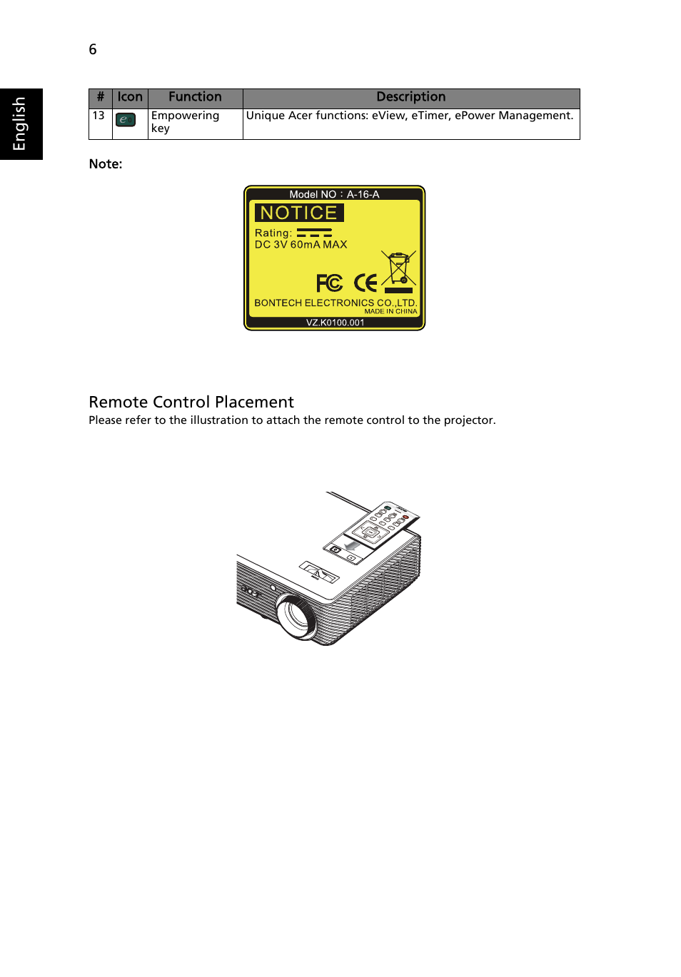 English, Remote control placement | Acer X1261 User Manual | Page 18 / 54