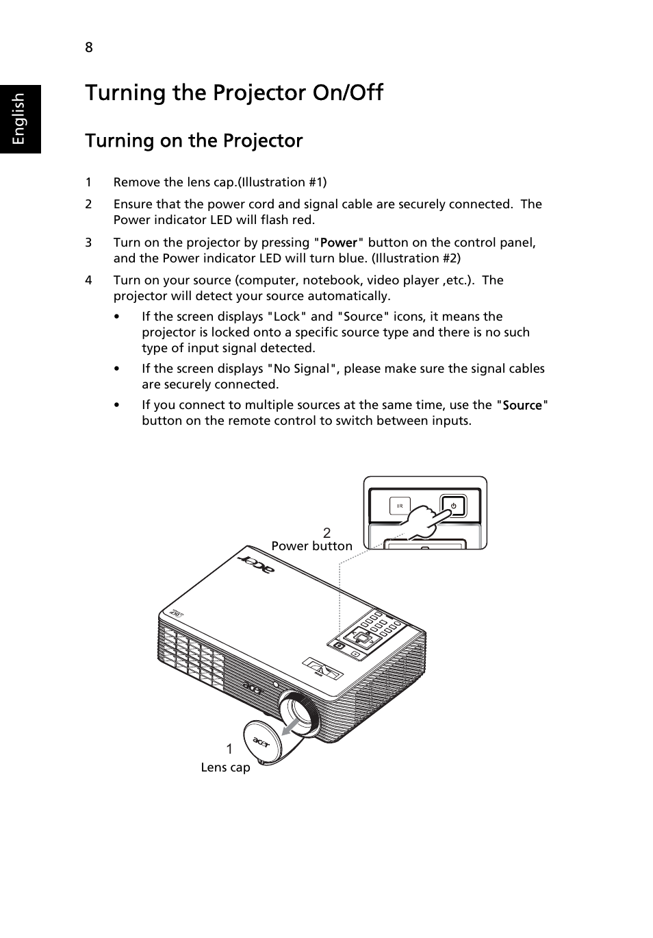Turning the projector on/off, Turning on the projector | Acer X1261 User Manual | Page 20 / 54