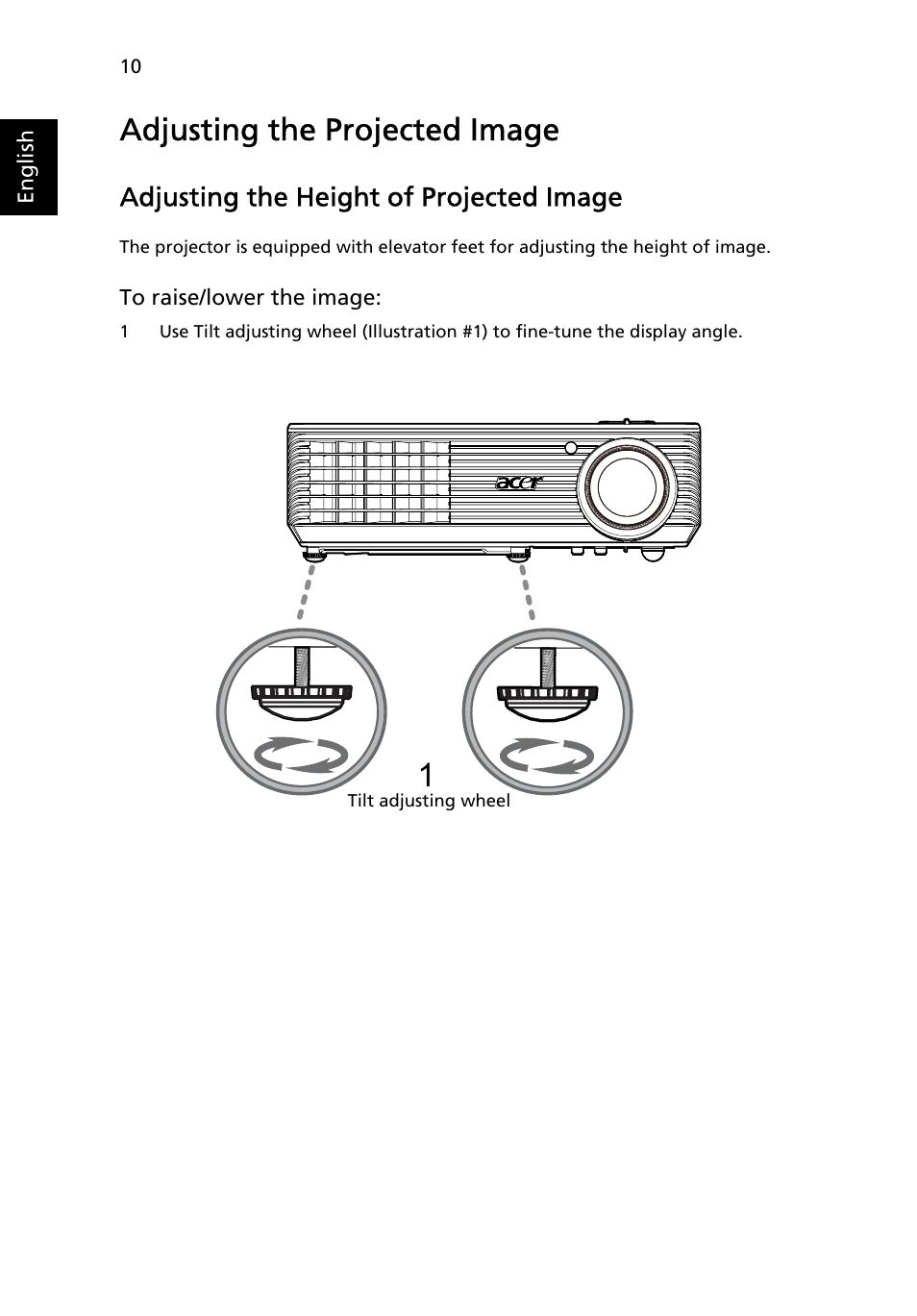 Adjusting the projected image, Adjusting the height of projected image | Acer X1261 User Manual | Page 22 / 54