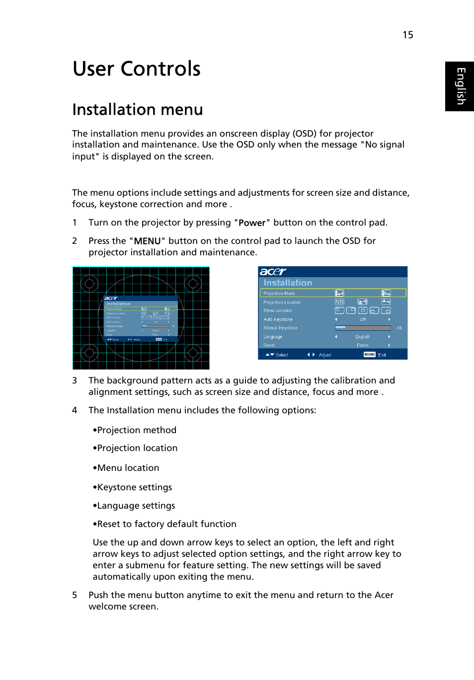 User controls, Installation menu | Acer X1261 User Manual | Page 27 / 54