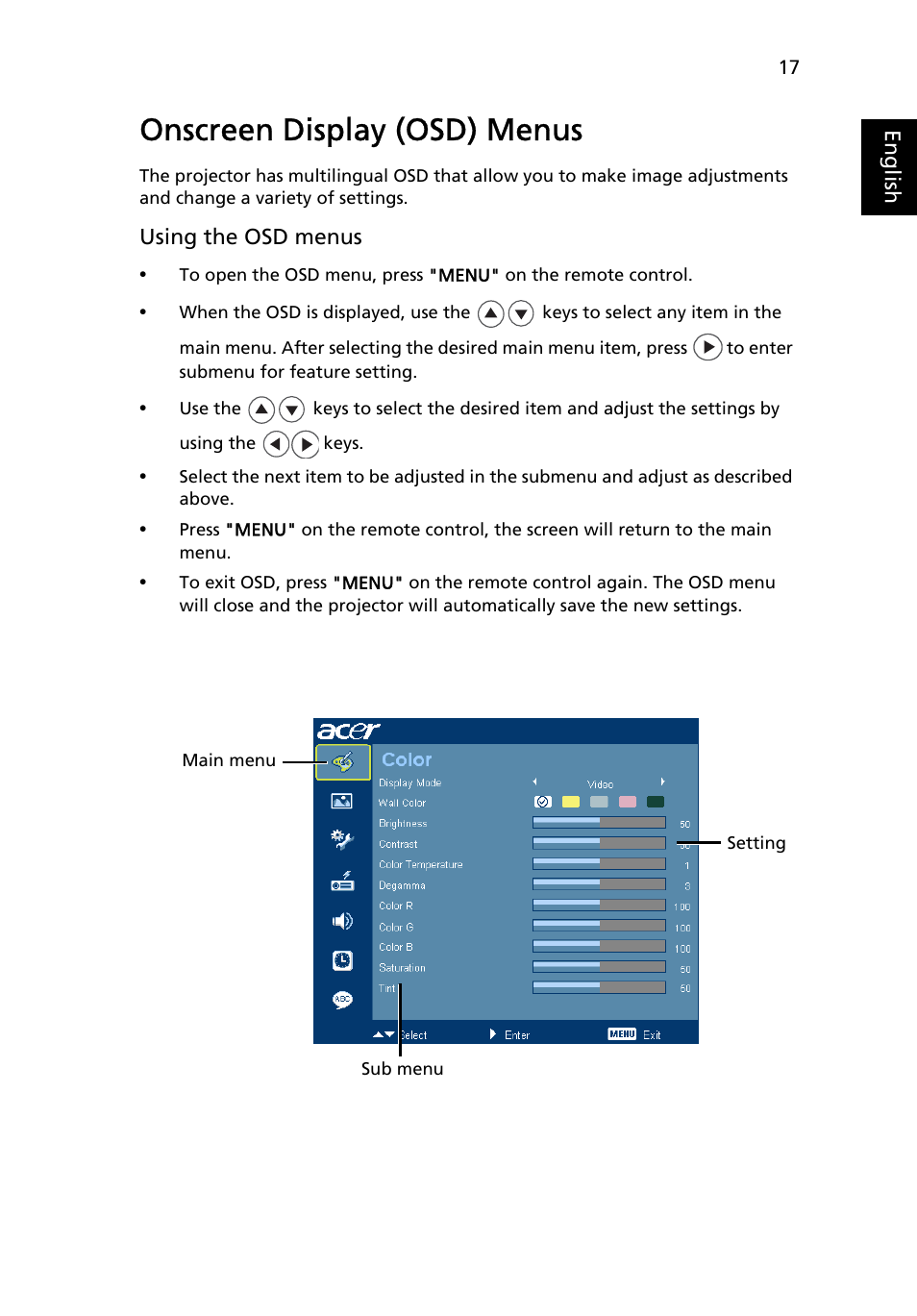 Onscreen display (osd) menus | Acer X1261 User Manual | Page 29 / 54