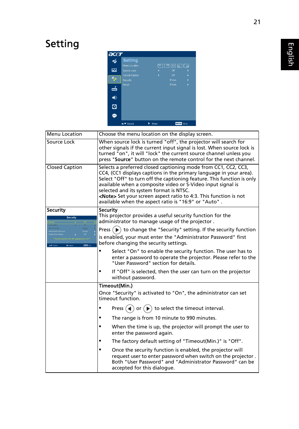 Setting, Eng lis h | Acer X1261 User Manual | Page 33 / 54