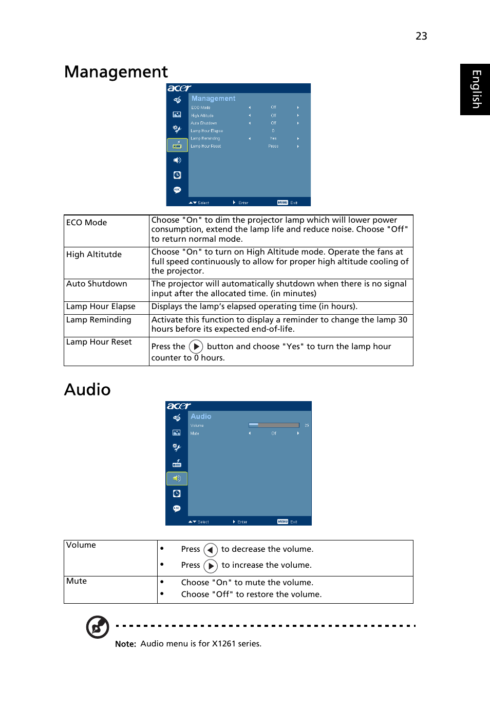 Management, Audio, Management audio | Eng lis h | Acer X1261 User Manual | Page 35 / 54