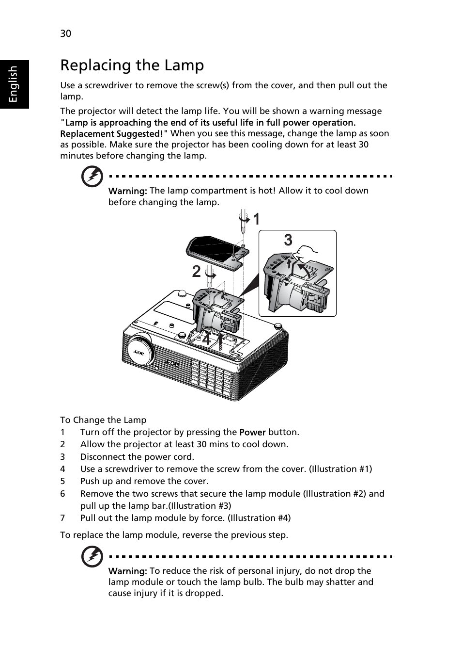 Replacing the lamp | Acer X1261 User Manual | Page 42 / 54