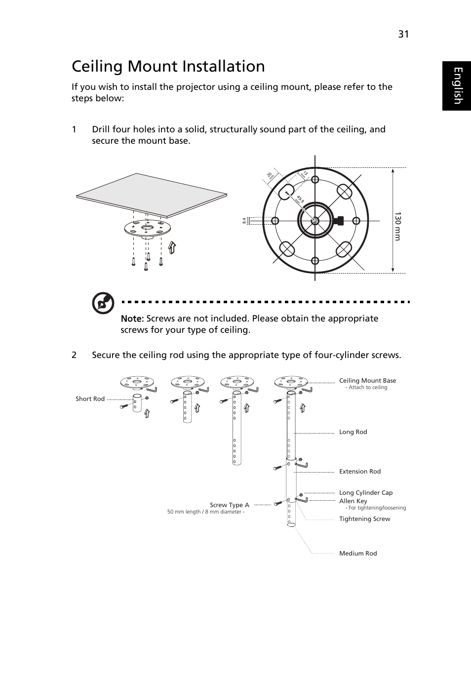 Ceiling mount installation, Eng lis h | Acer X1261 User Manual | Page 43 / 54