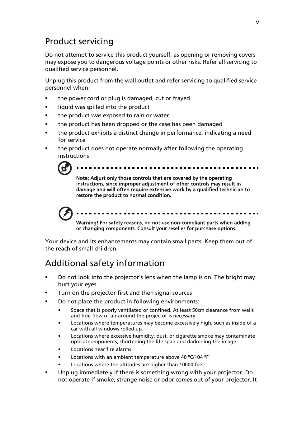 Product servicing, Additional safety information | Acer X1261 User Manual | Page 5 / 54