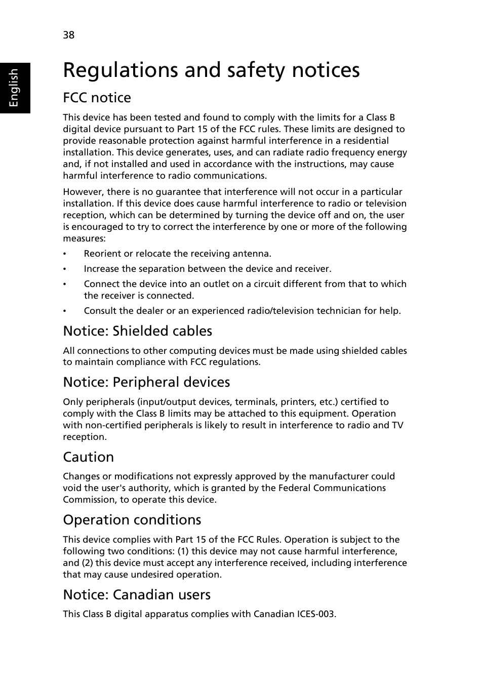 Regulations and safety notices, Fcc notice, Notice: shielded cables | Notice: peripheral devices, Caution, Operation conditions, Notice: canadian users | Acer X1261 User Manual | Page 50 / 54