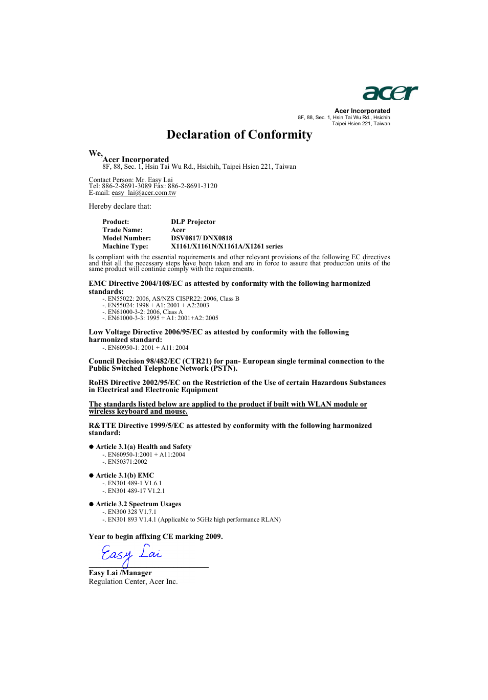 Declaration of conformity | Acer X1261 User Manual | Page 54 / 54