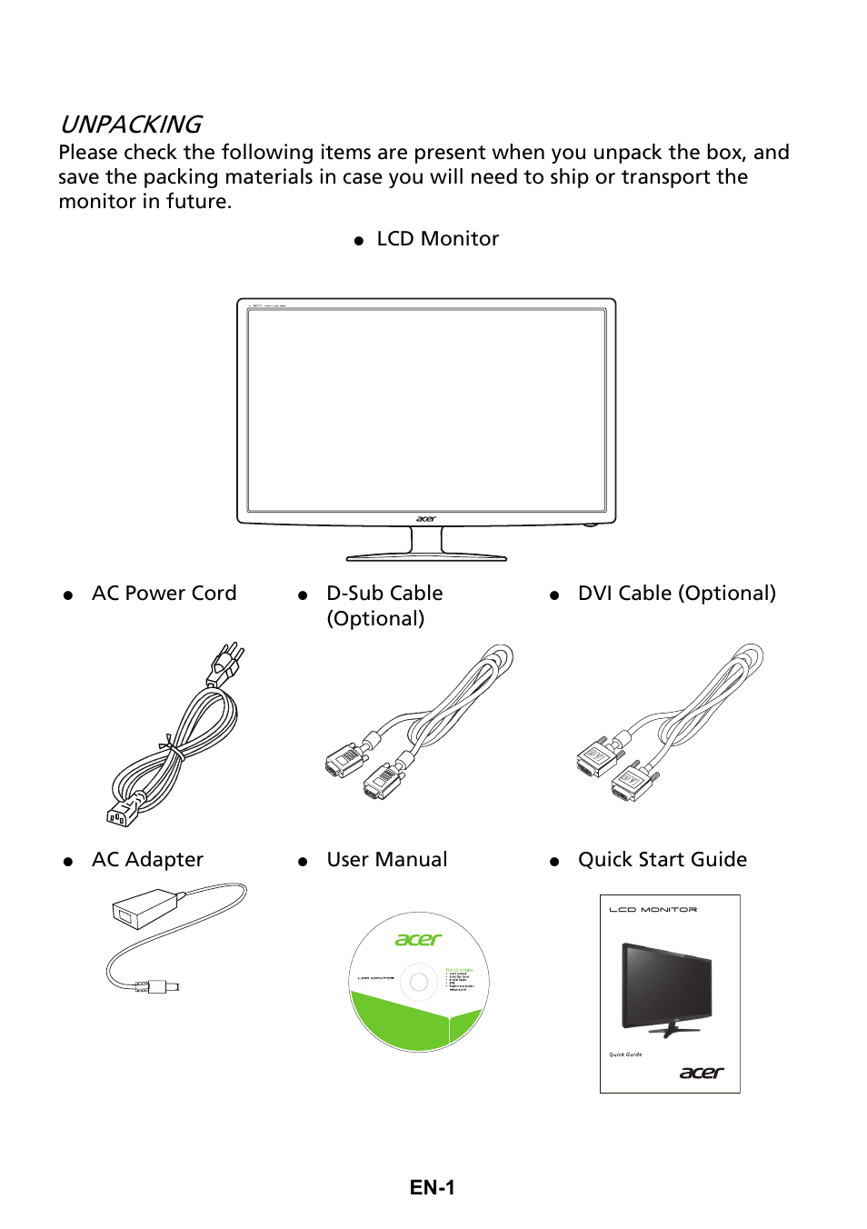 Unpacking, En-1, Lcd monitor | Ac power cord, D-sub cable (optional), Dvi cable (optional), Ac adapter, User manual, Quick start guide | Acer G246HL User Manual | Page 10 / 29