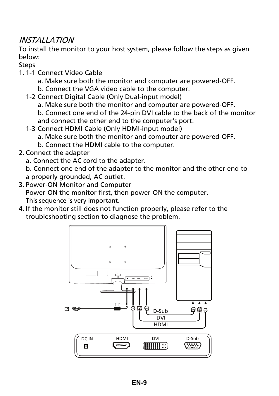 Installation, En-9, This sequence is very important | Acer G246HL User Manual | Page 18 / 29