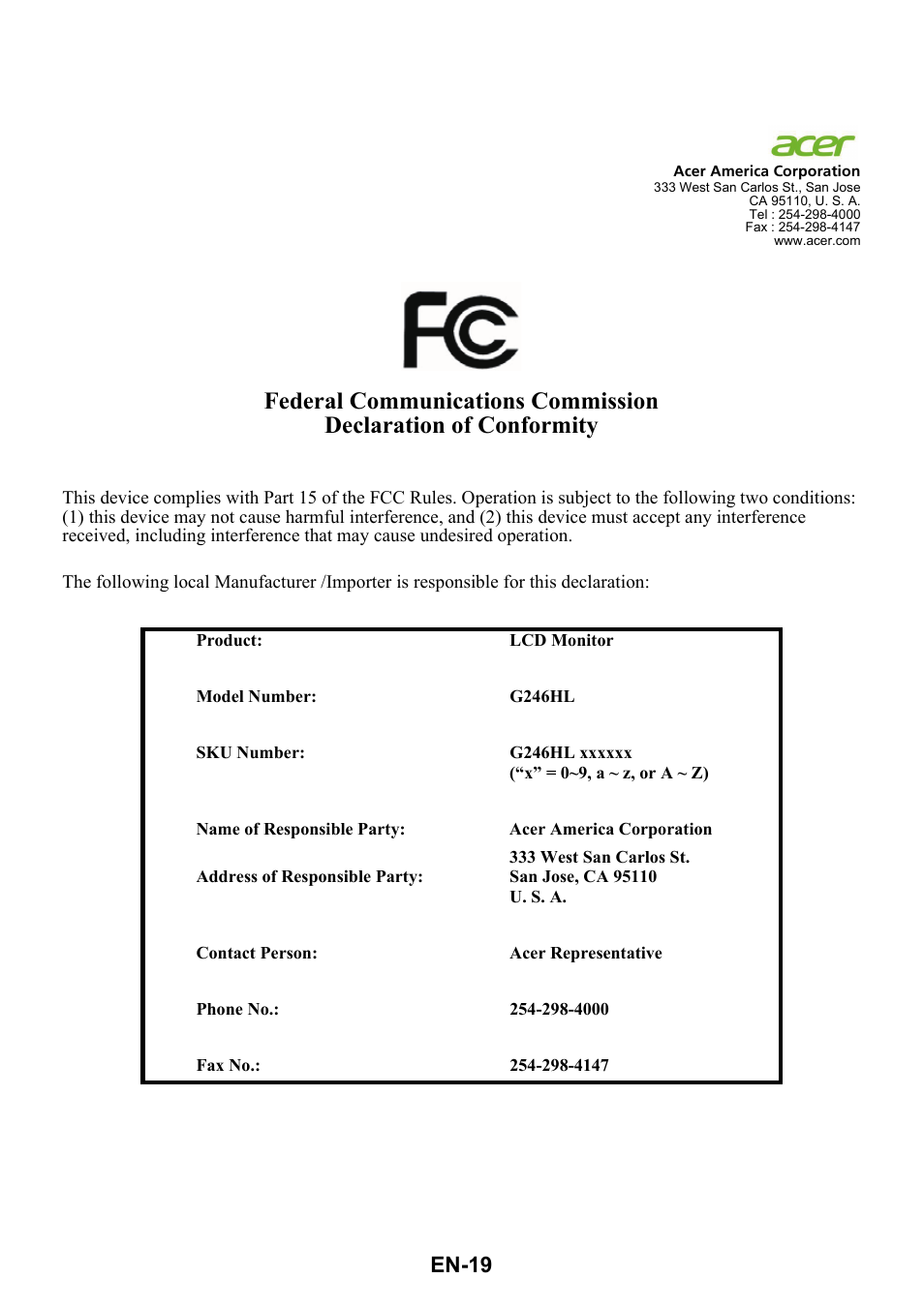 En-19 | Acer G246HL User Manual | Page 28 / 29