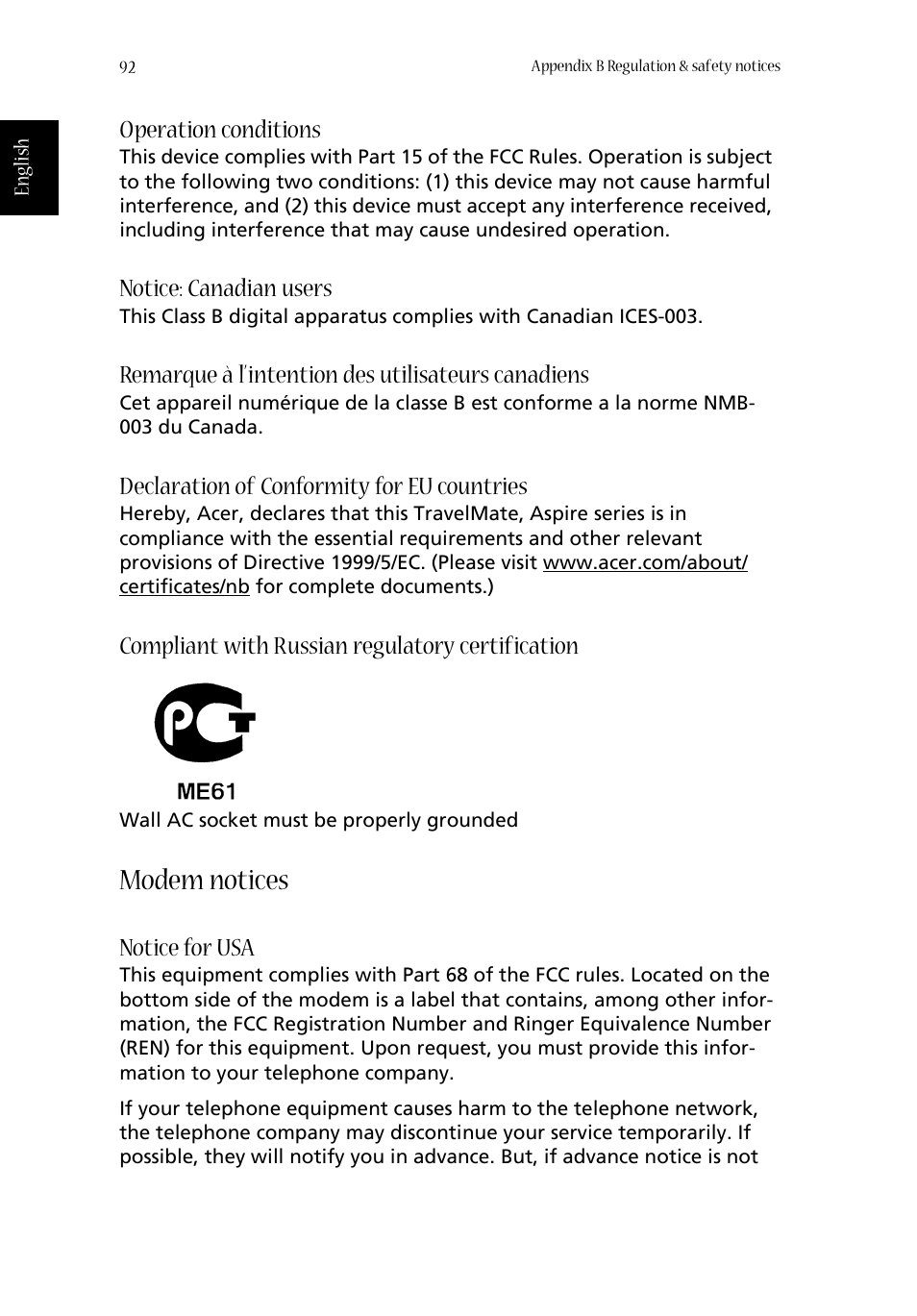 Modem notices, Operation conditions, Notice: canadian users | Remarque à l’intention des utilisateurs canadiens, Declaration of conformity for eu countries, Compliant with russian regulatory certification, Notice for usa | Acer Aspire 1670 User Manual | Page 102 / 118