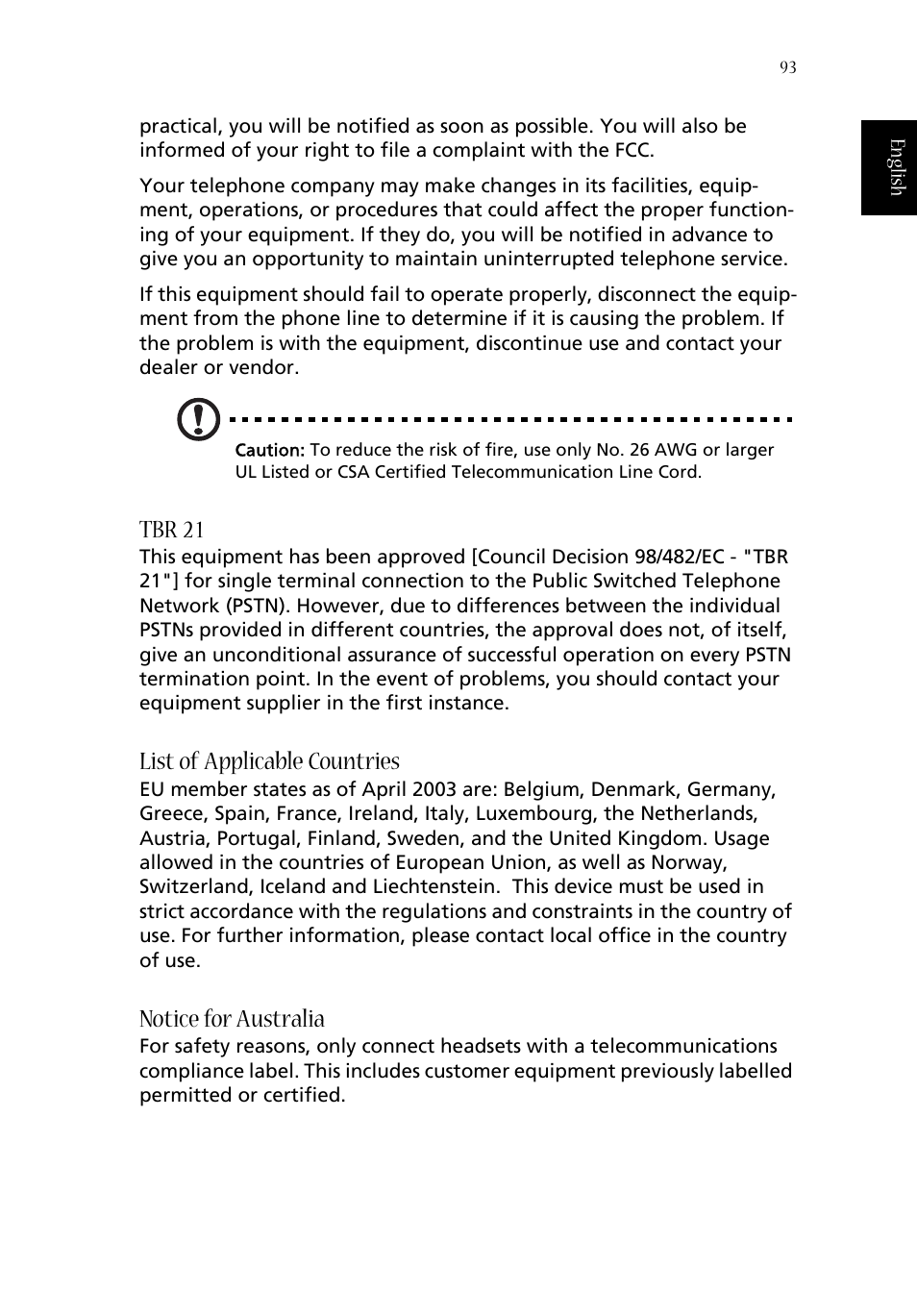 Tbr 21, List of applicable countries, Notice for australia | Acer Aspire 1670 User Manual | Page 103 / 118