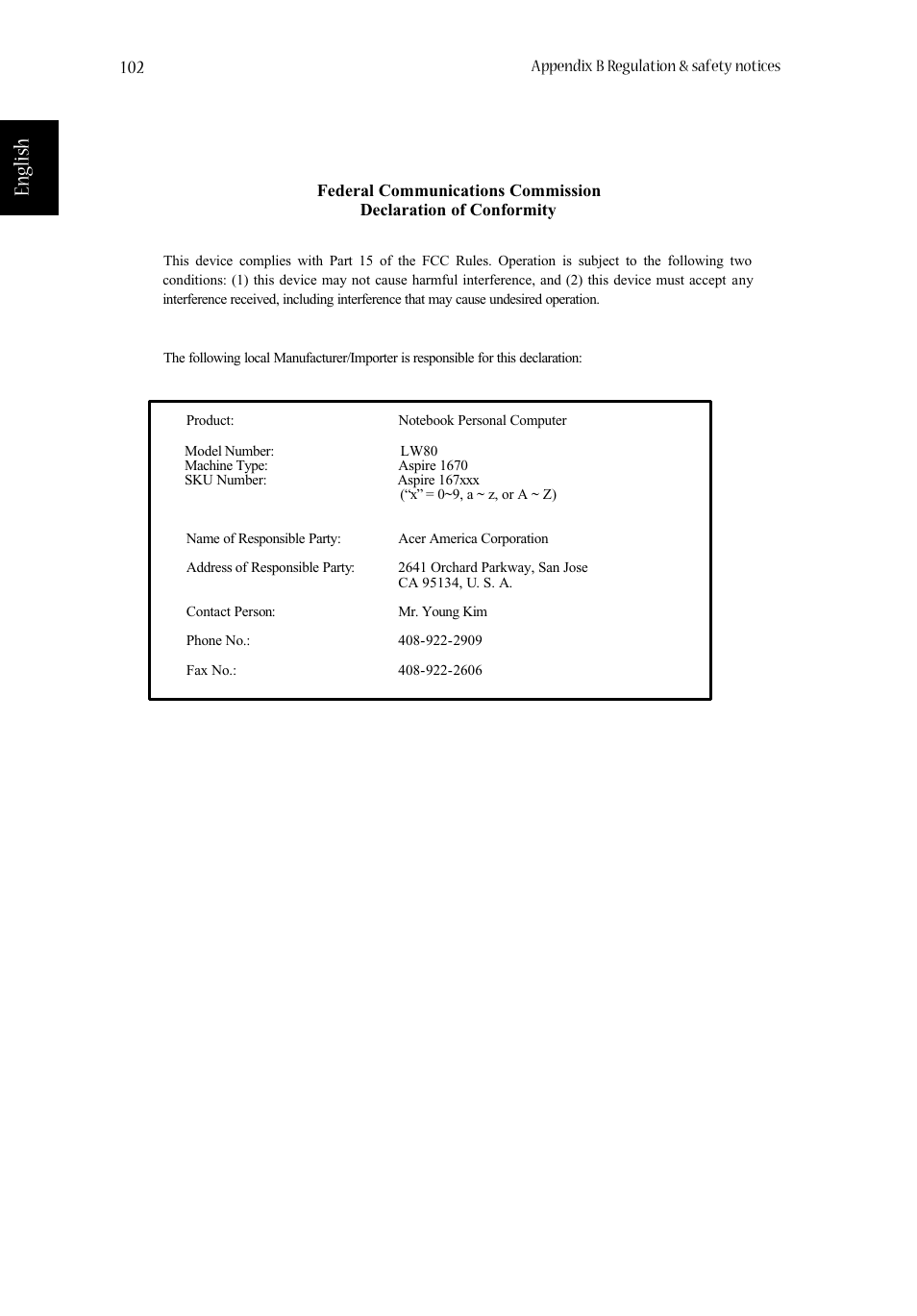 English | Acer Aspire 1670 User Manual | Page 112 / 118