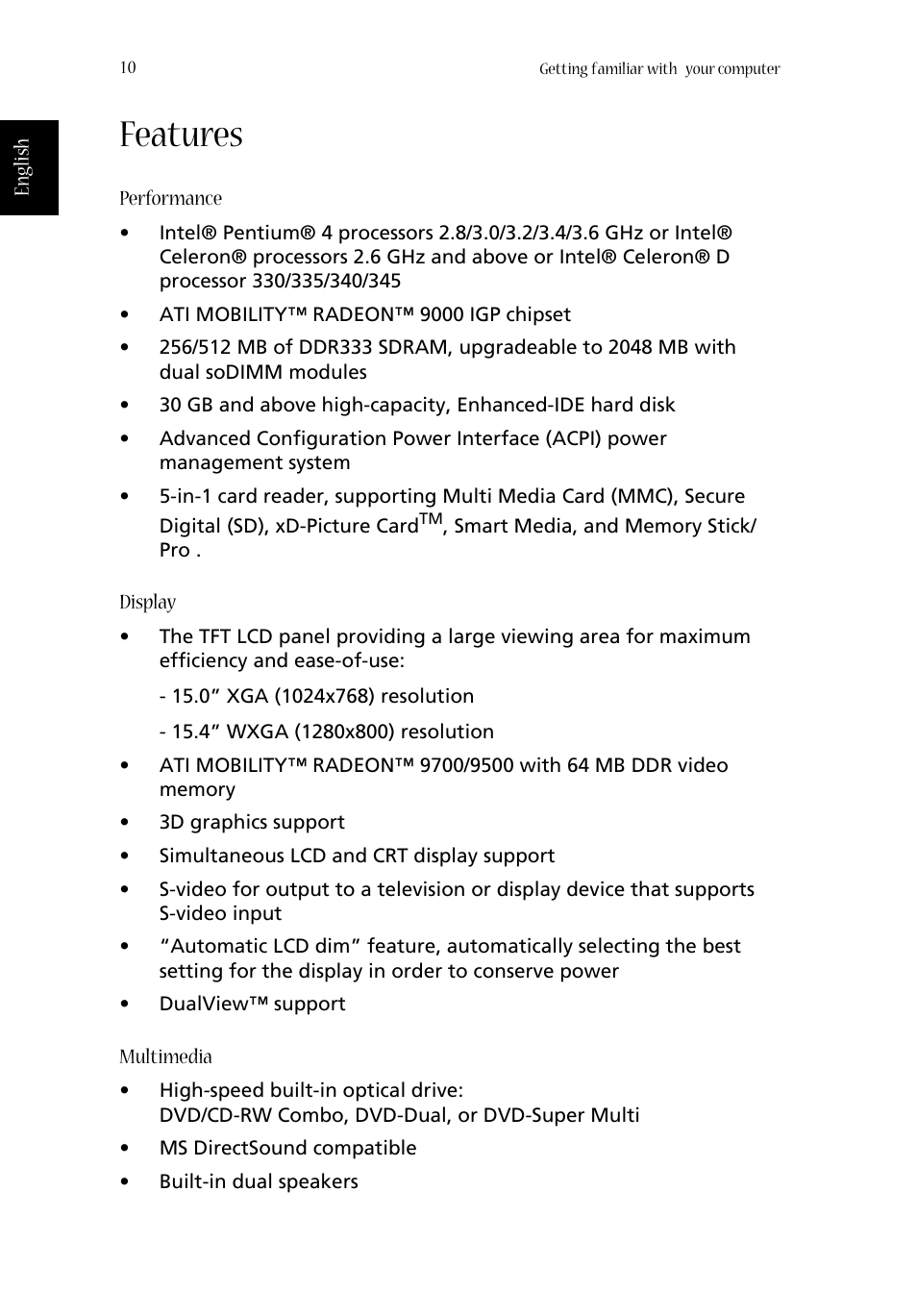 Features | Acer Aspire 1670 User Manual | Page 20 / 118