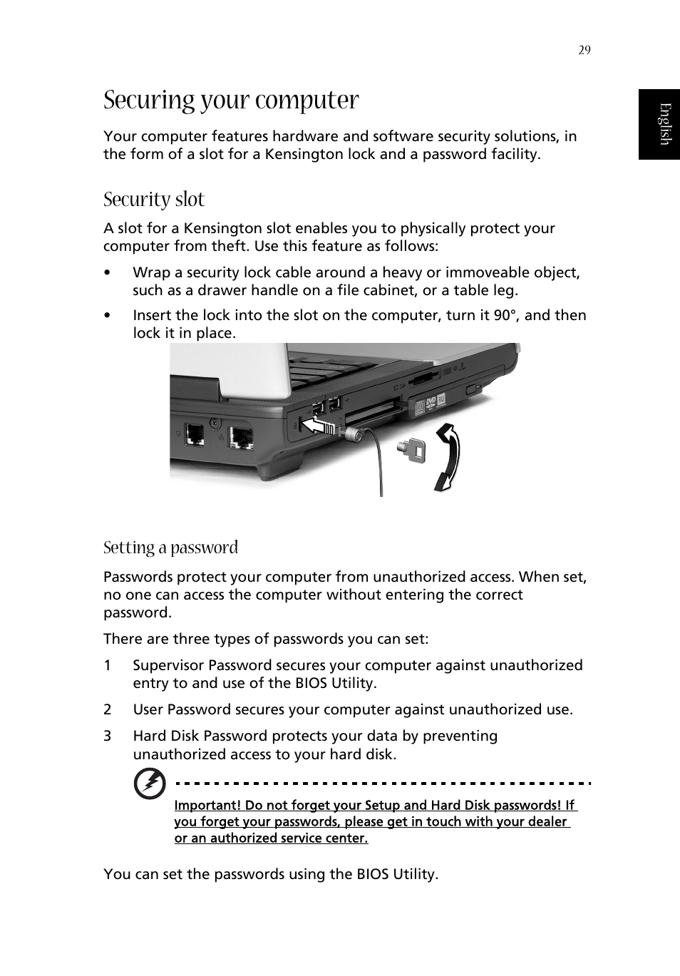 Securing your computer, Security slot, Setting a password | Acer Aspire 1670 User Manual | Page 39 / 118