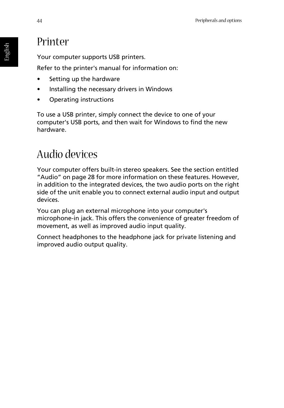 Printer, Audio devices | Acer Aspire 1670 User Manual | Page 54 / 118