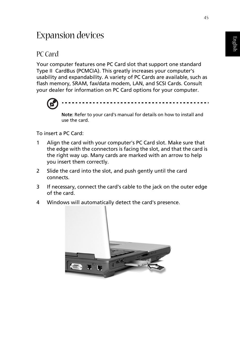 Expansion devices, Pc card | Acer Aspire 1670 User Manual | Page 55 / 118