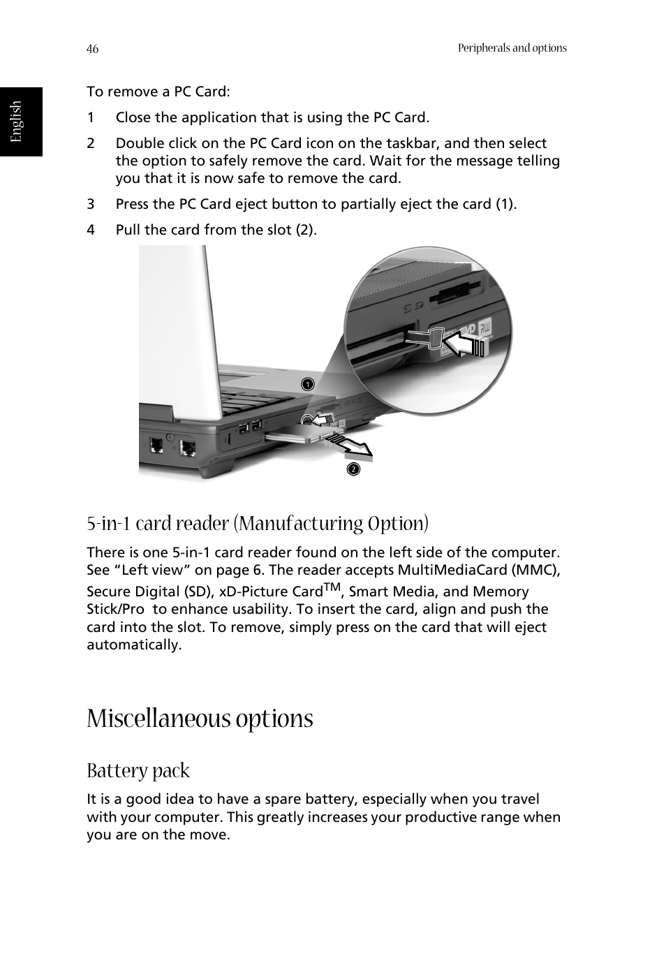 In-1 card reader (manufacturing option), Miscellaneous options, Battery pack | Acer Aspire 1670 User Manual | Page 56 / 118