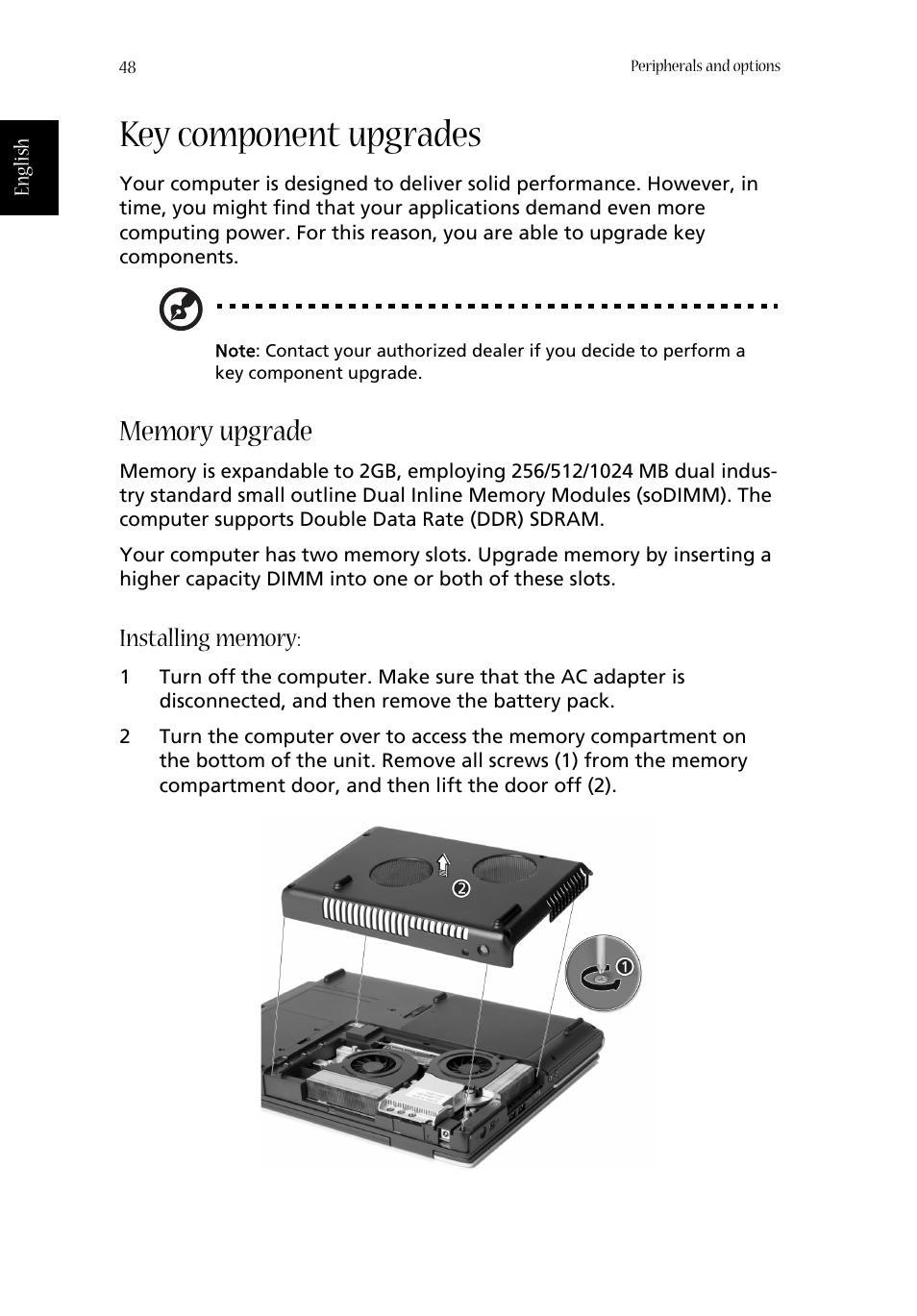 Key component upgrades, Memory upgrade | Acer Aspire 1670 User Manual | Page 58 / 118