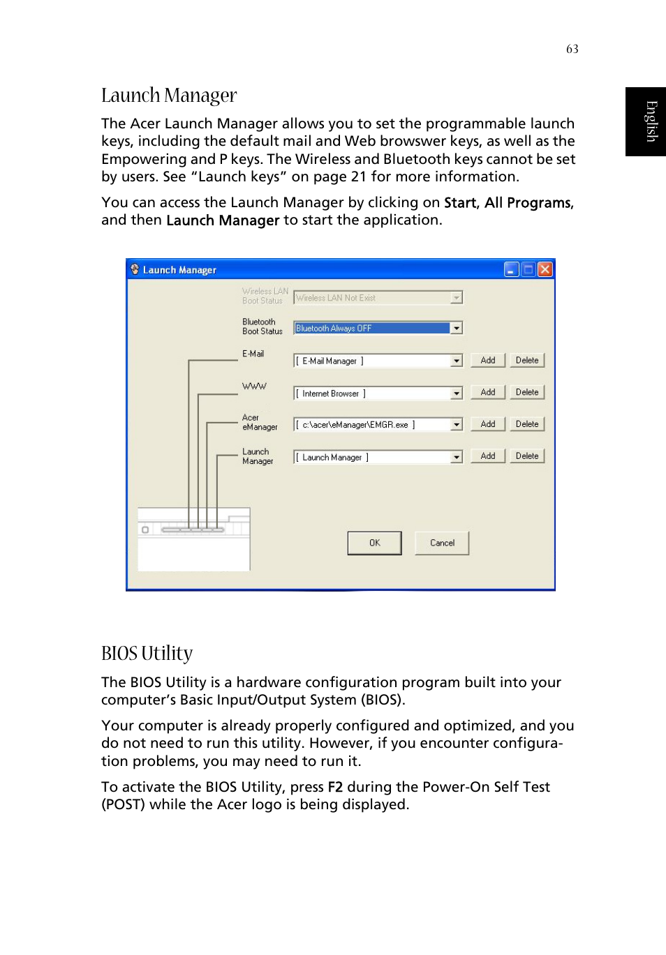 Launch manager, Bios utility | Acer Aspire 1670 User Manual | Page 73 / 118