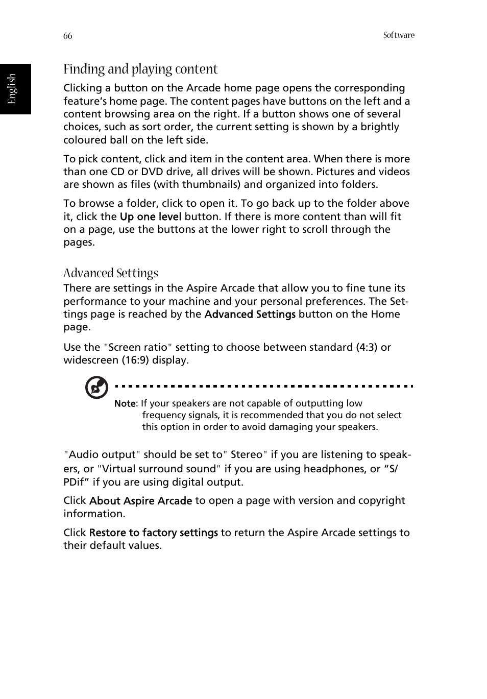Finding and playing content, Advanced settings | Acer Aspire 1670 User Manual | Page 76 / 118